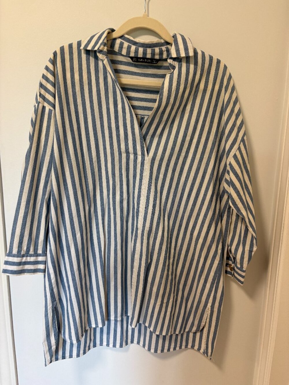 Zara Striped Popover Blouse Tunic VNeck Oversized Coastal Vacation Office Staple